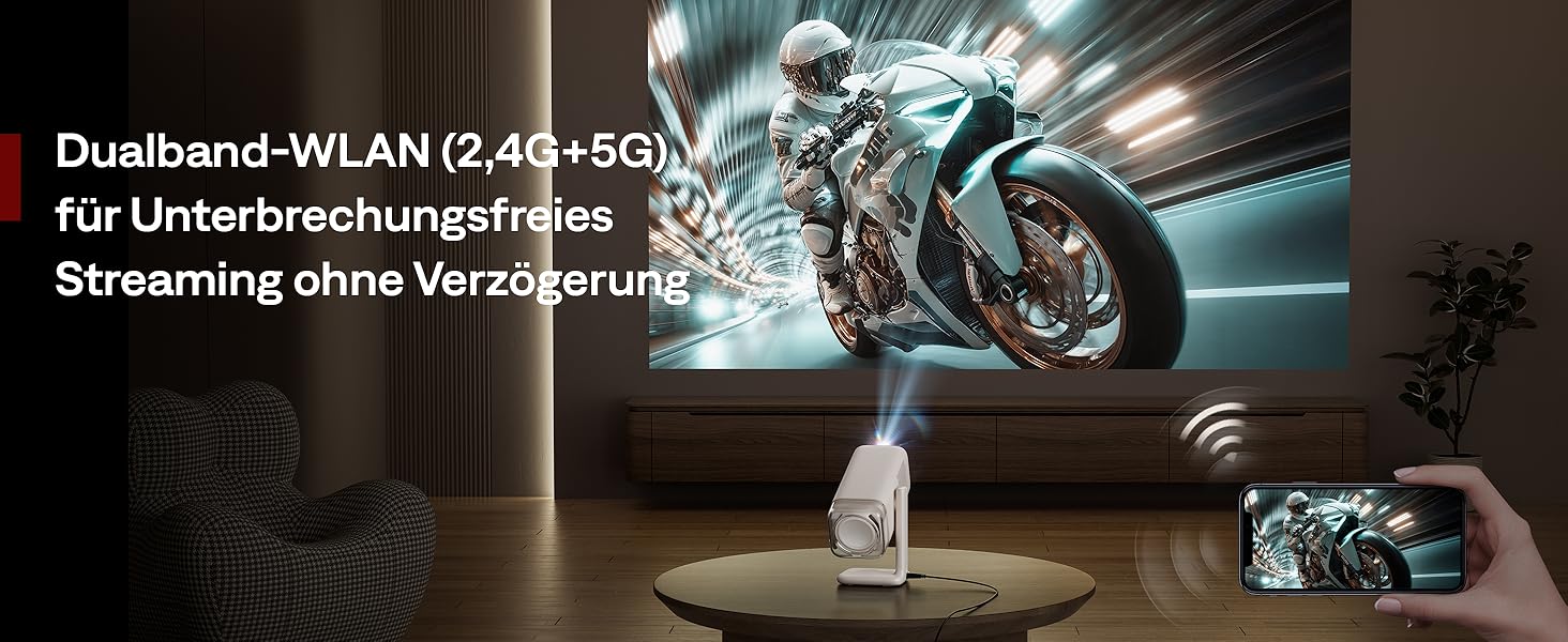 Портативний проєктор Aurzen Boom Air Mini з Google TV та Netflix, 4K, USB-C, Smart, Dolby Audio, WiFi, Bluetooth, автофокус TOF, поворотний штатив, кремово-білий