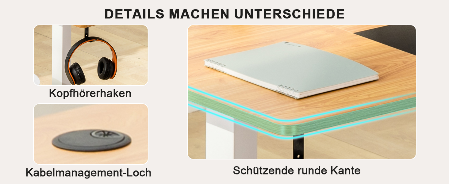 COMHOMA Стол письмовий регульований по висоті 160x70 см з USB-роз'ємом та гачками, Електричний стіл для комп'ютера, Стол для стоячи-сидячи, Піднятий стіл (Коричневий, 60*140 см)