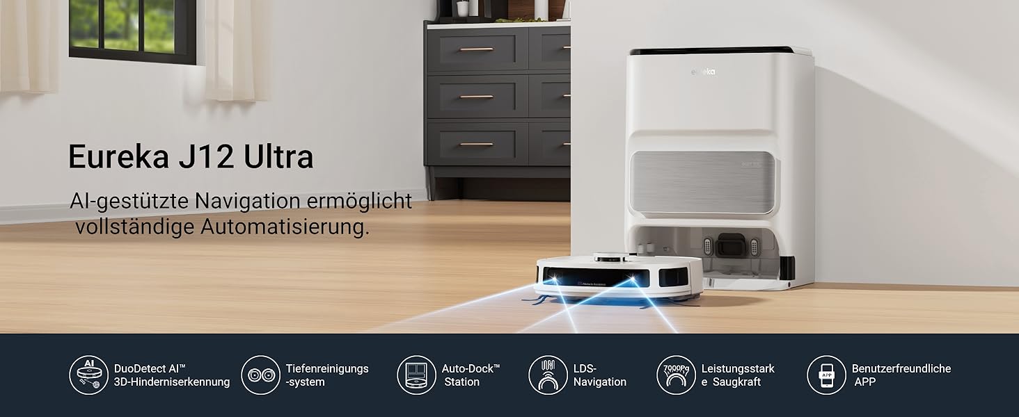 Робот-пилосос EUREKA J12 Ultra з функцією миття підлоги (самостійне очищення, прання та сушка), потужність всмоктування 5000Pa, обертова функція миття, Dual-LiDAR навігація, 3D уникнення перешкод, білий