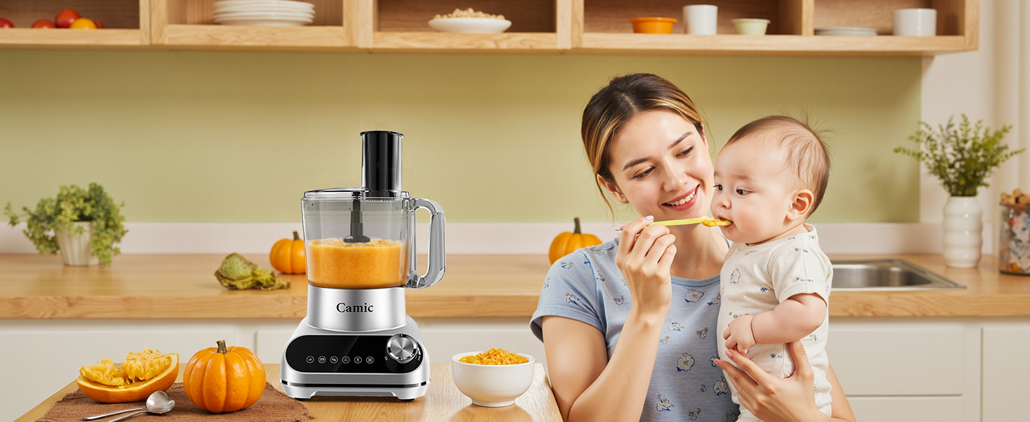 Кухонний комбайн Camic 1500W з мискою 2.5л, 6 програм, подрібнювач, нарізач, міксер, аксесуари, для дому, сріблястий