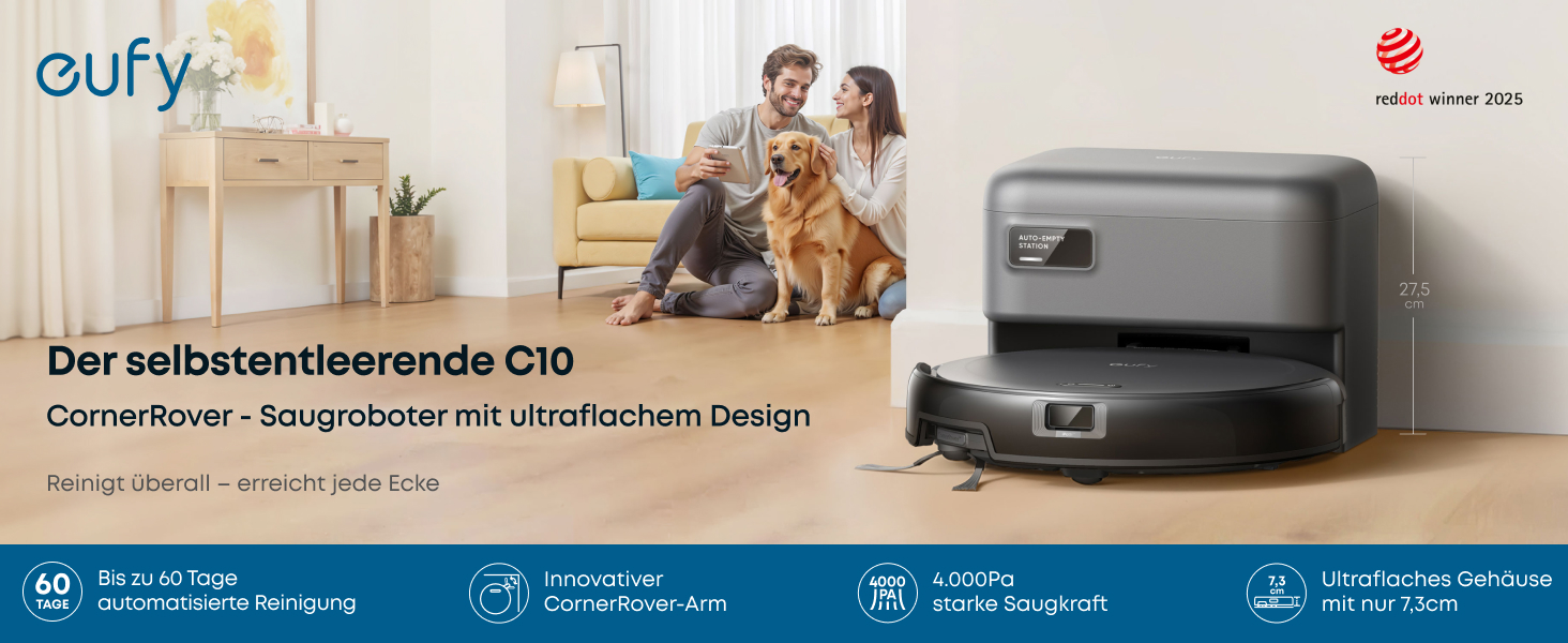 Робот-пилосос eufy C10 з автоматичною станцією самоочищення, 7,3 см, для прибирання килимів, з бічною щіткою для кутів, лазерна та інфрачервона навігація