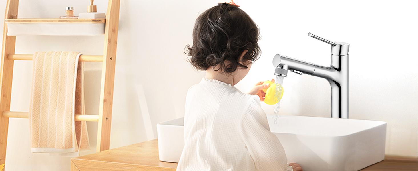 Сучасний змішувач для ванної кімнати CREA з висувною лійкою, 2 режими струменя, з міді, хром, для умивальника