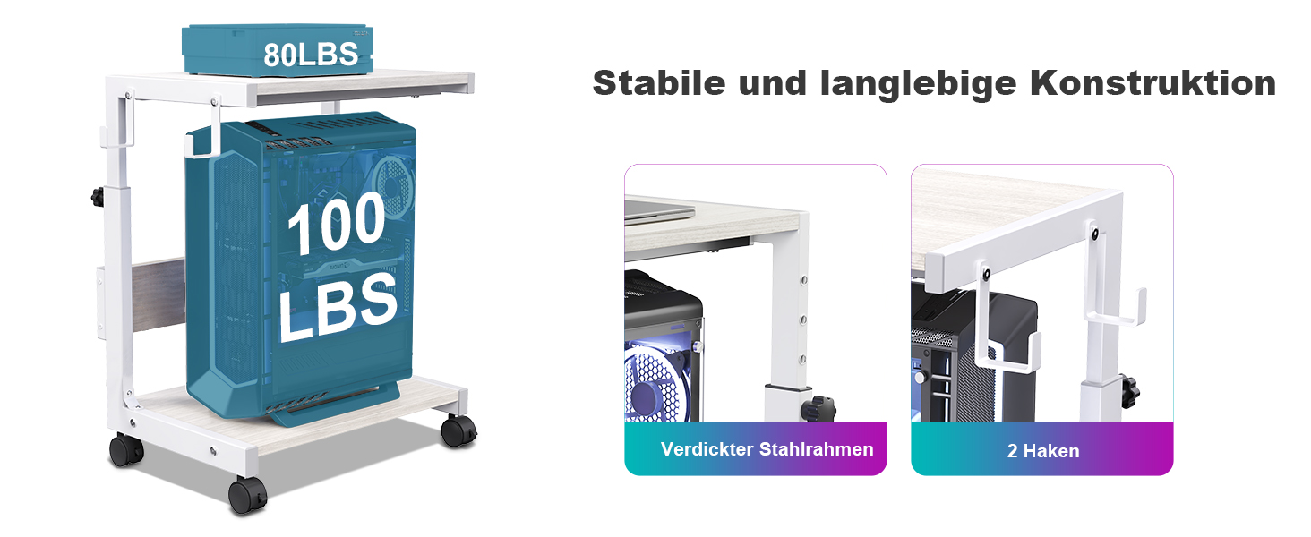 Регульована підставка для комп'ютерного блоку з 2 полицями та місцем для зберігання – для корпусів ATX, принтерів, з фіксуючими колесами (білий, W44 x D30 x H44-59.5см)