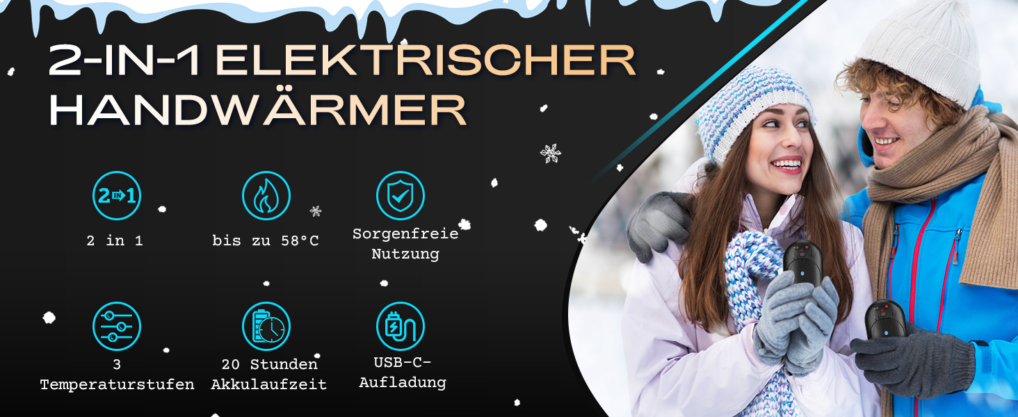 Електричний грієчка для рук Lepwings, 2 шт., 6000 mAh, USB-зарядка, 3 режими, 20 годин роботи, для активного відпочинку взимку, чорний