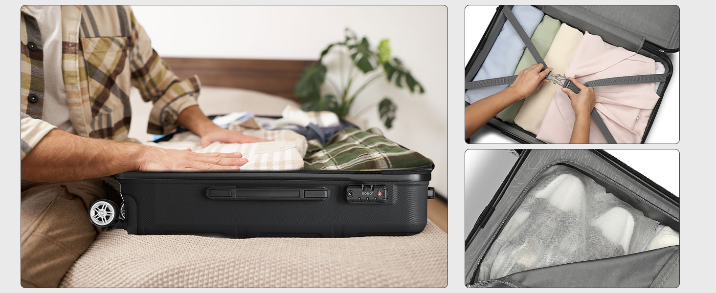 KONO Валіза середнього розміру 24 дюйми, ABS, з TSA-замком, 4 колеса, 65×44×25.5 см, темно-синій