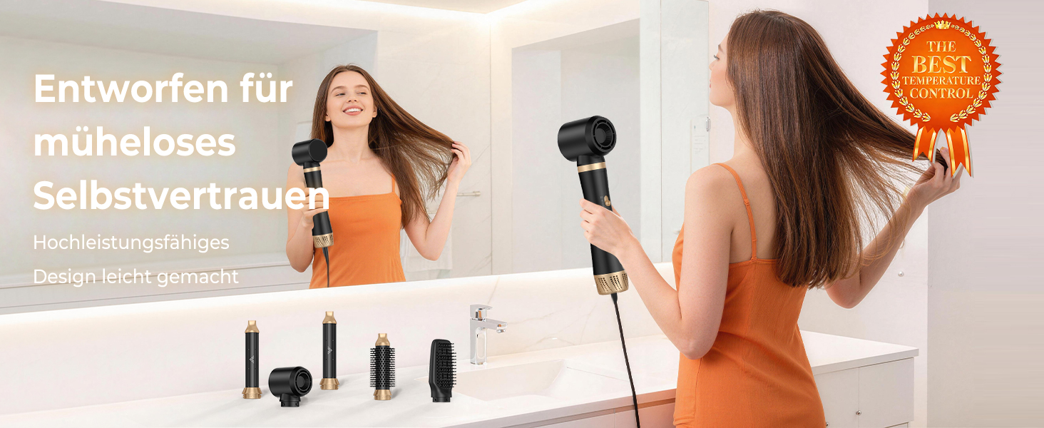 Мультистайлер для волосся 5-в-1 Faltbarer Airstyler з ефектом Коанда, високошвидкісний стайлер-фен з іонізацією та набором насадок (брашинг, локони), складаний, сріблясто-чорний