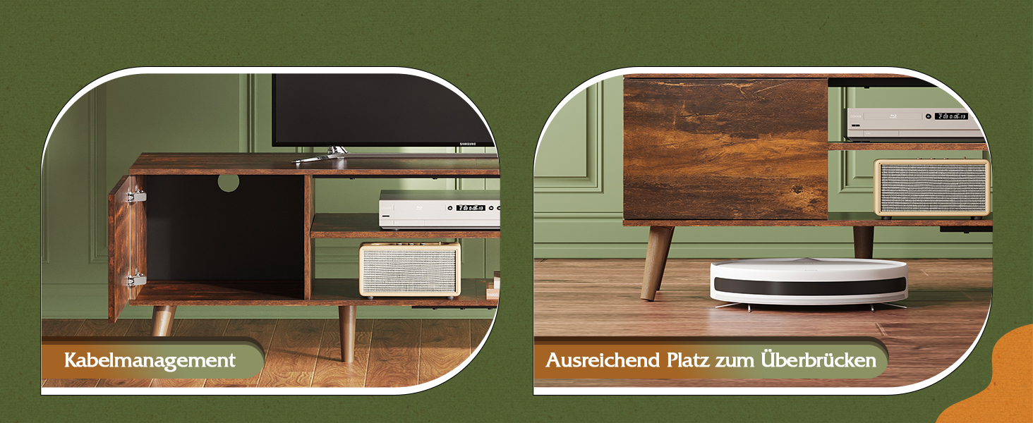 Тумба під телевізор WLIVE 160x40x47 см з двома дверцятами та відкритими полицями, вітальня, спальня, вінтажний коричнево-чорний