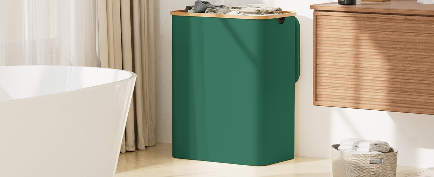 Кошик для білизни Youdenova з кришкою, великий, 160л, бамбук/дерево, сортувальник, білий