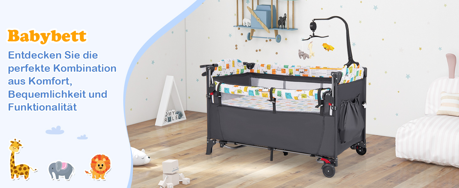 Дитяче ліжко-манеж COSTWAY 120x60 см з матрацом, пеленальним столиком, іграшками та музичною шкатулкою, сірий колір