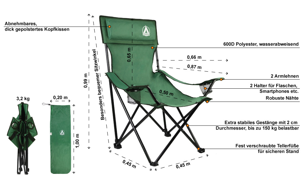 Крісло для кемпінгу Zamper 150 кг складне рибальське крісло та складаний стілець зі знімним підстаканником і подушкою для риболовлі та кемпінгу