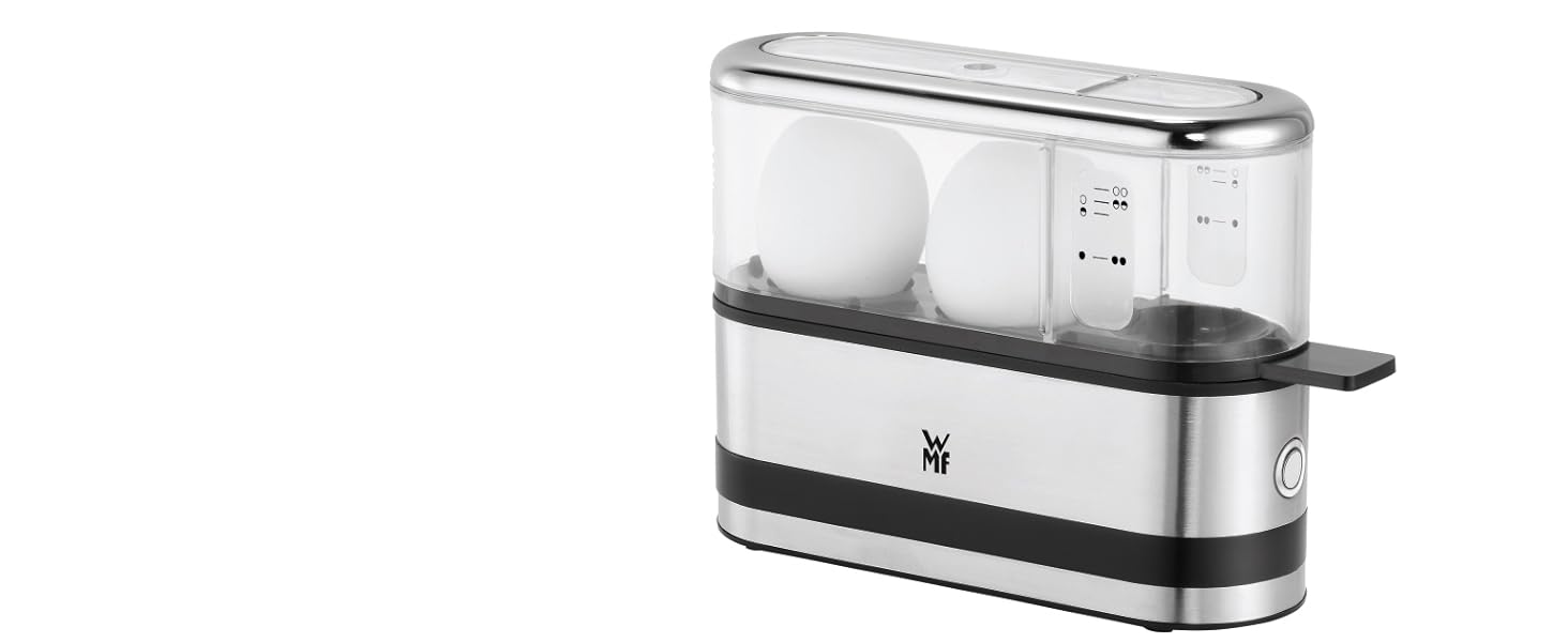 Електричний яйцеварка WMF Stelio з нержавіючої сталі, для 1-7 яєць, 380 Вт, регулювання ступеня готовності, функція підтримання тепла, мірний стаканчик з підставкою для яєць