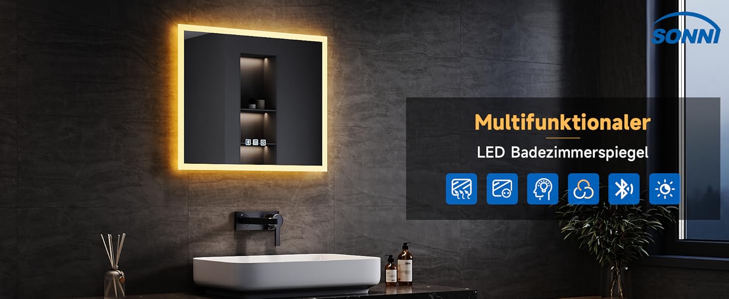 Дзеркало для ванної кімнати SONNI LED 50x70 см з LED-підсвічуванням, сенсорним керуванням, 3 кольори світла, проти запотівання та функцією пам'яті. Білий колір.