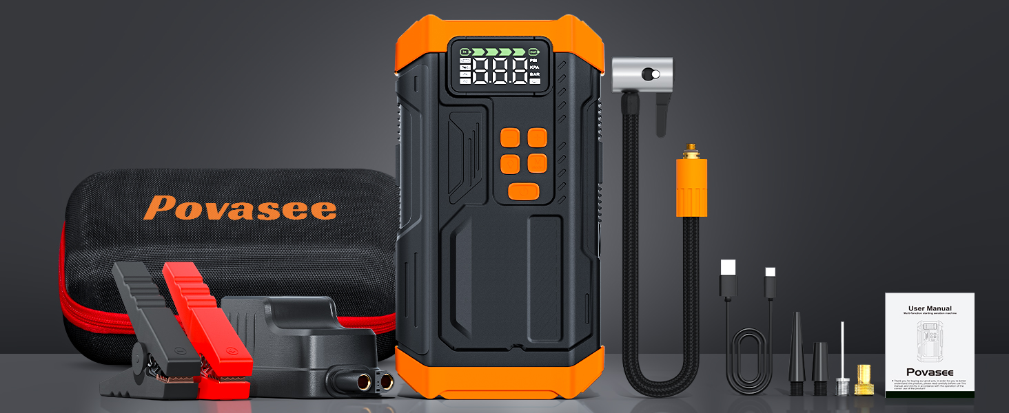 Пусковий пристрій (бустер) Povasee Starthilfe Powerbank 5000A для автомобіля (бензин/дизель до 10л), 12V з LCD-дисплеєм, USB-портами та LED-ліхтарем, помаранчевий