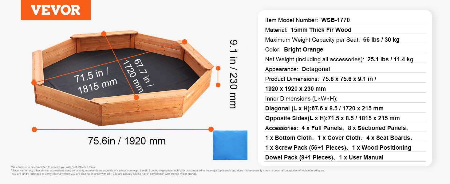 Дерев'яний пісочниця VEVOR з кришкою, восьмигранна пісочниця, пісочниця з 4 місцями для сидіння та підстилкою, дитяча пісочниця для саду, подарунок для хлопчиків та дівчаток віком 3–12 років, дерево + восьмигранна форма