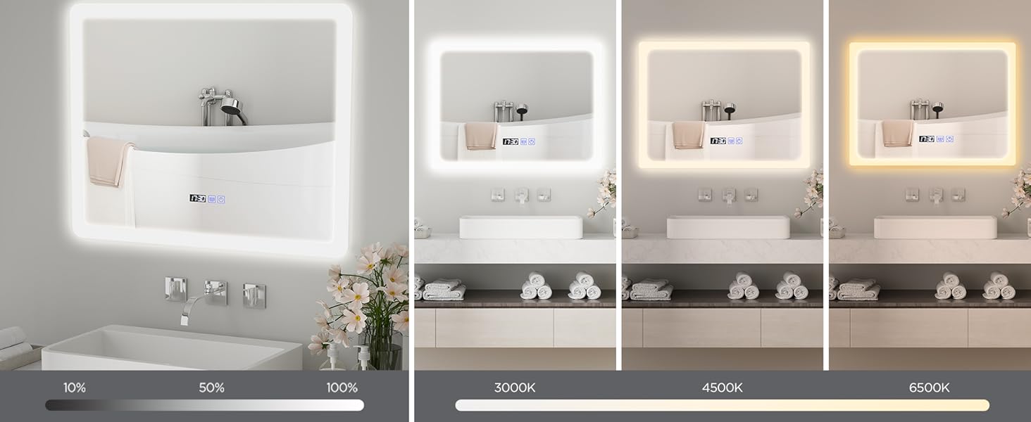 Дзеркало для ванної кімнати YU YUSING з підсвічуванням 80x60 см, LED, 3 кольори світла, регулювання яскравості, антизапар, сенсорне управління, таймер, загартоване скло, IP44, прозоре