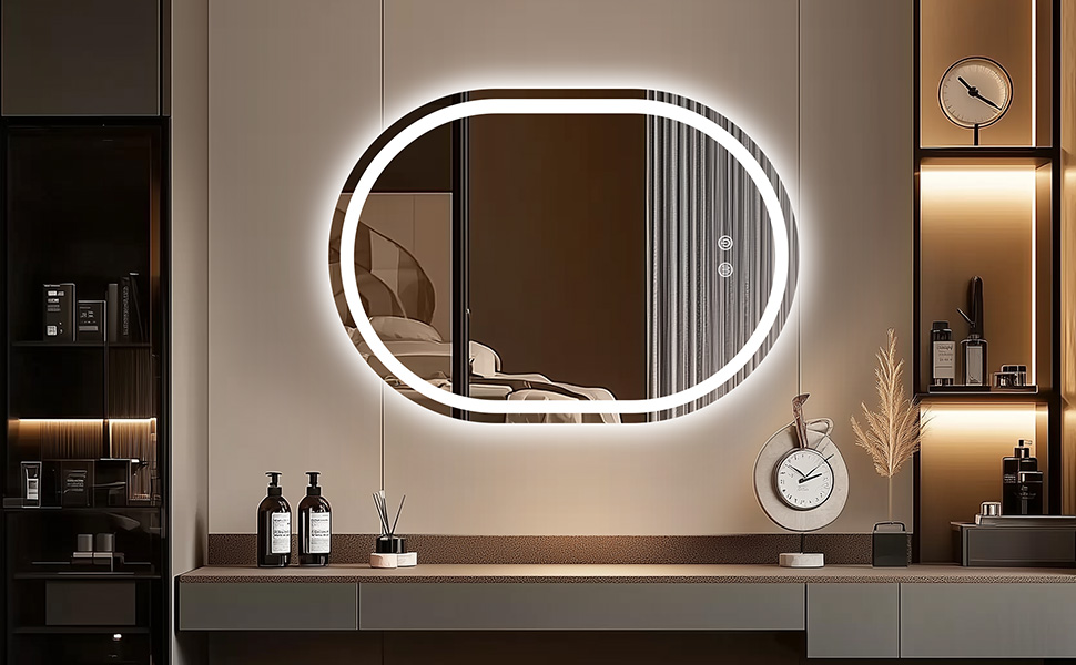 Дзеркало для ванної кімнати Trintion з підсвічуванням, 50x70 см, овальне, з годинником та сенсорним вимикачем, антизапотівальне, диммер, 3 кольори світла (3500K-6500K)