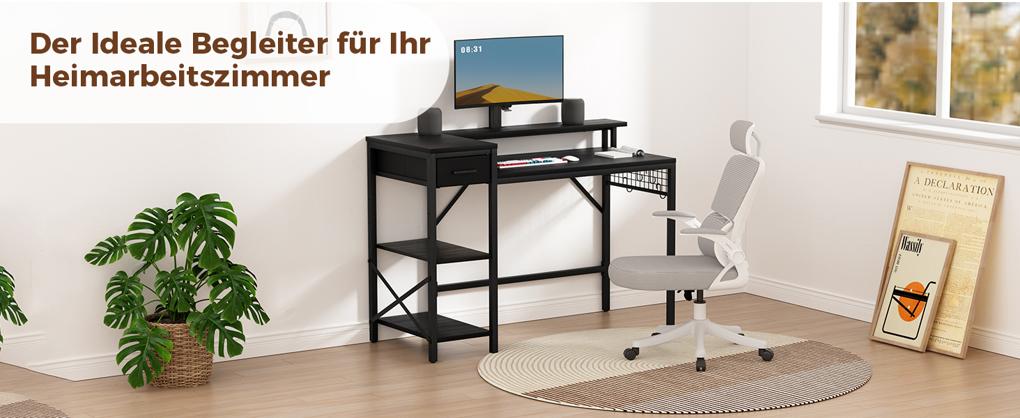 Ігровий стіл Oak & Tea 120x52 см з ящиками, регульованою полицею та підставкою для монітора – для роботи, навчання та геймінгу, коричнево-чорний