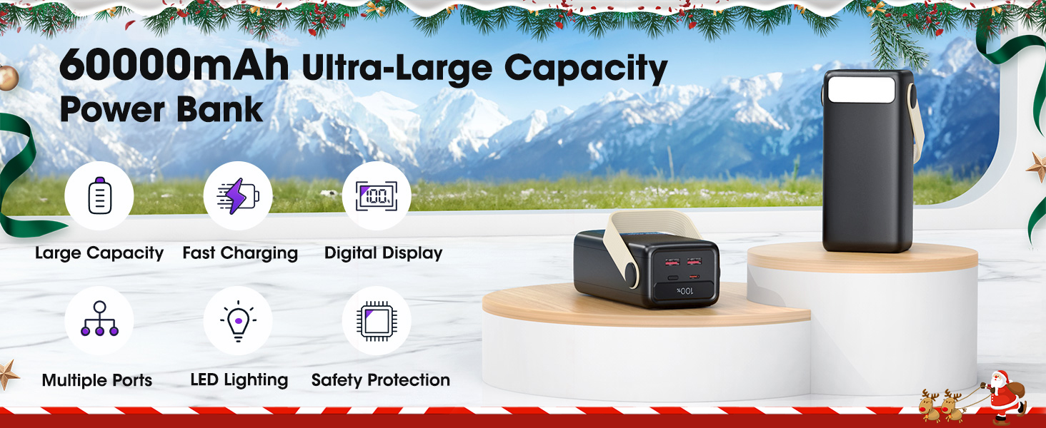 Power Bank 60000mAh Große Kapazität: Портативний акумулятор 60000mAh з USB-C, 3 виходи, 22.5W, для ноутбука, смартфона, планшета (Чорний)