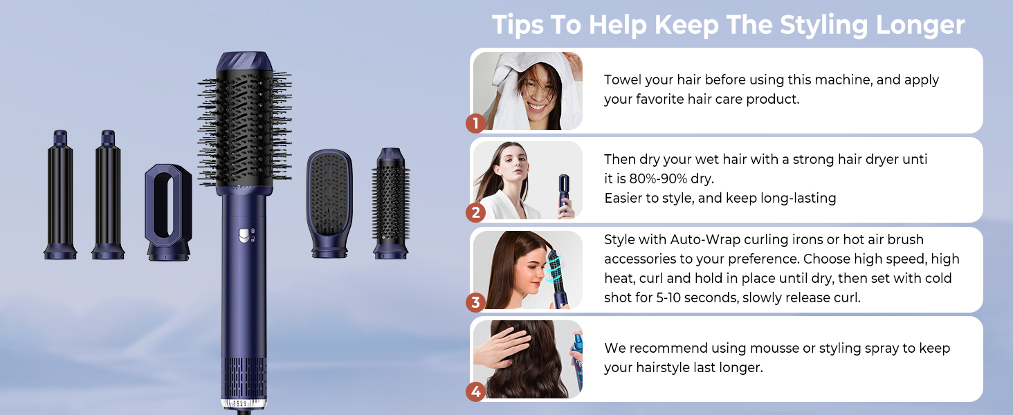 UKLISS 6-в-1 Hairstyler: Фен-щітка для волосся з насадкоми, автоматична плойка, професійний фен-розкручувач для об'єму та укладки (Синій)