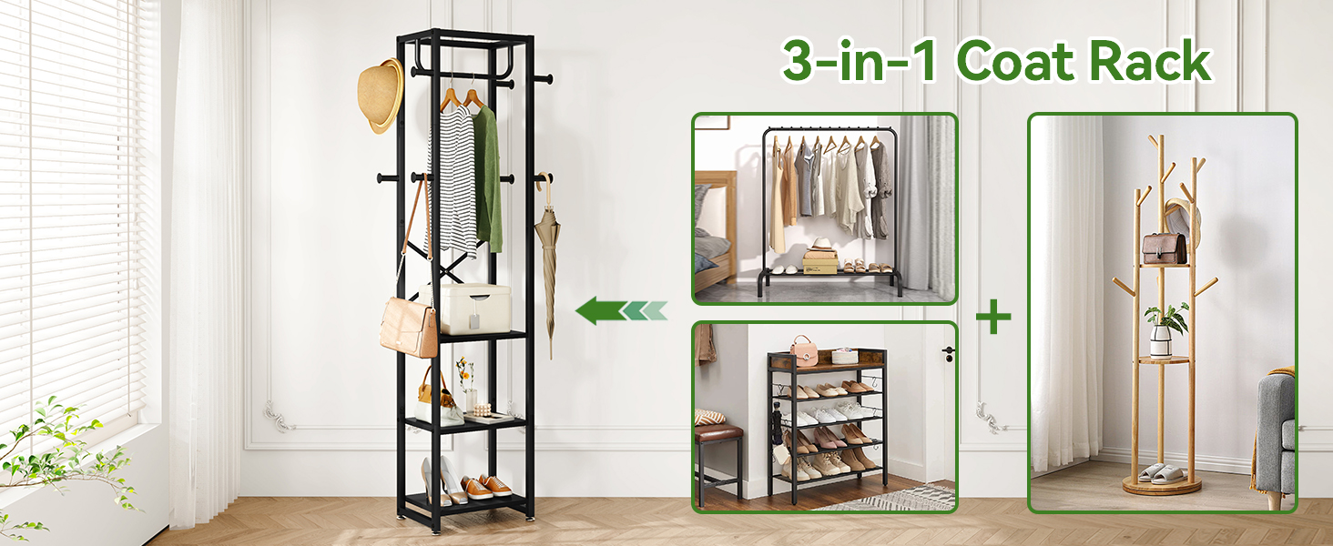 Підставка для одягу IBUYKE, вішалка для одягу з 3 полицями та 8 гачками, індустріальна вішалка для передпокою, коридору, спальні, природа та білий, TMJ088R, Природний та Білий (180 x 40 x 30 см, Чорний)