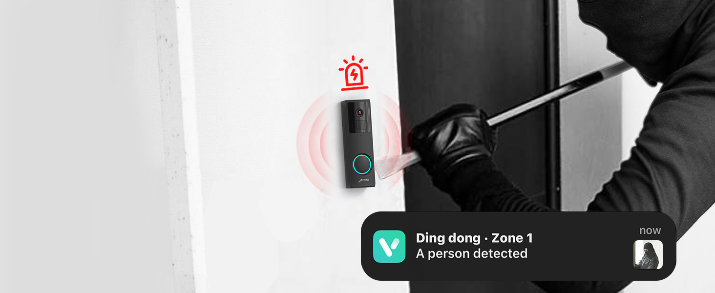 Відеодзвінок CPVAN з Wi-Fi, 2K HD камера, бездротовий, з PIR-датчиком руху, 2-сторонній аудіо, підтримка Alexa, SD-карта та хмарне сховище