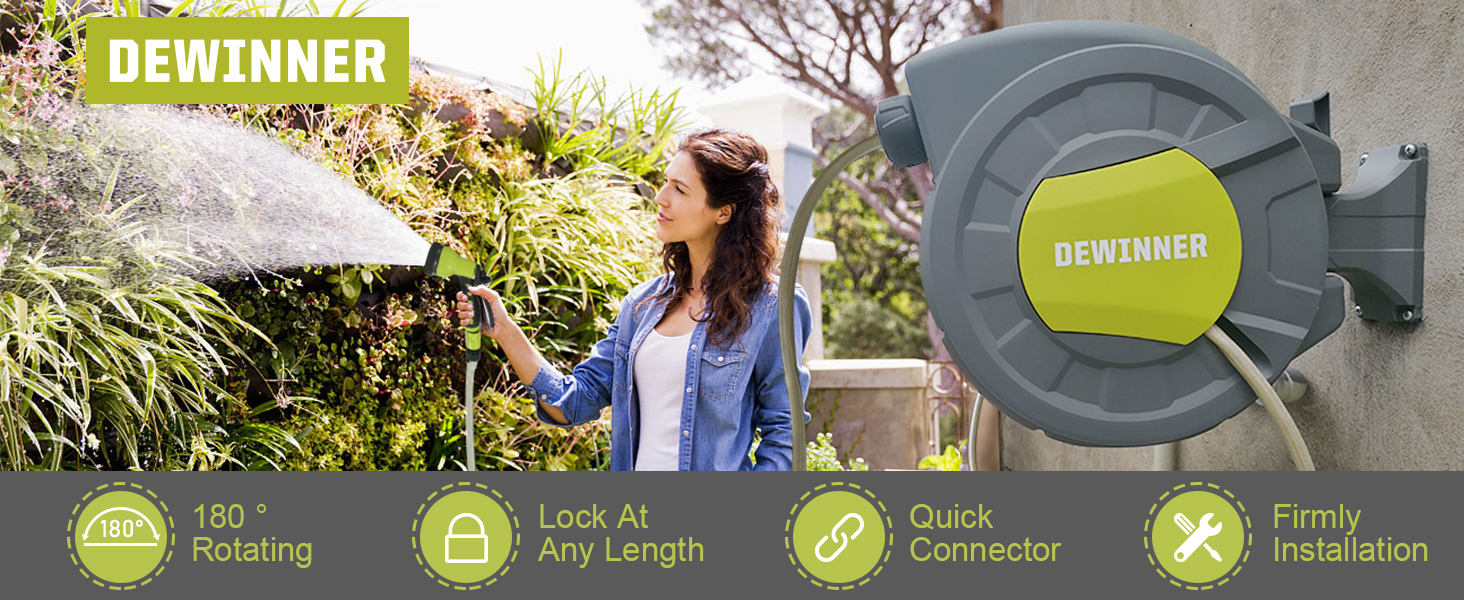DEWINNER Тромбель для садового шланга 20+2 м, автоматичний, настінний, з ручною пістолетом, 7 функцій, для великих садів