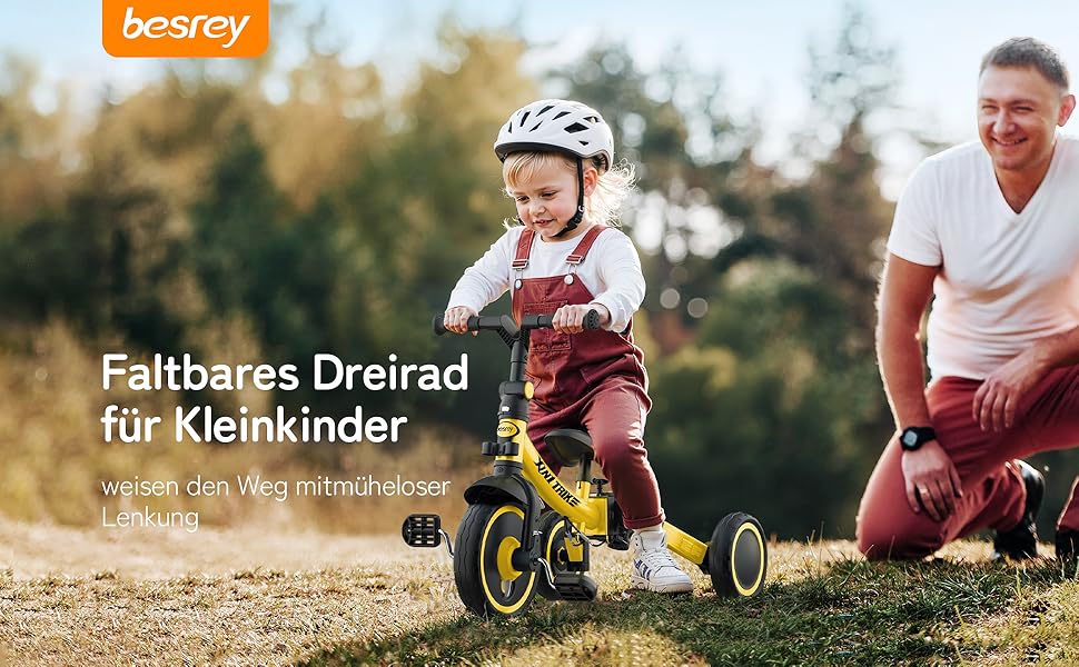 Бесрей 5-в-1 Дитячий Біговел, Триколісний Велосипед для Малюків 1-4 Років (Жовтий з Ручкою)