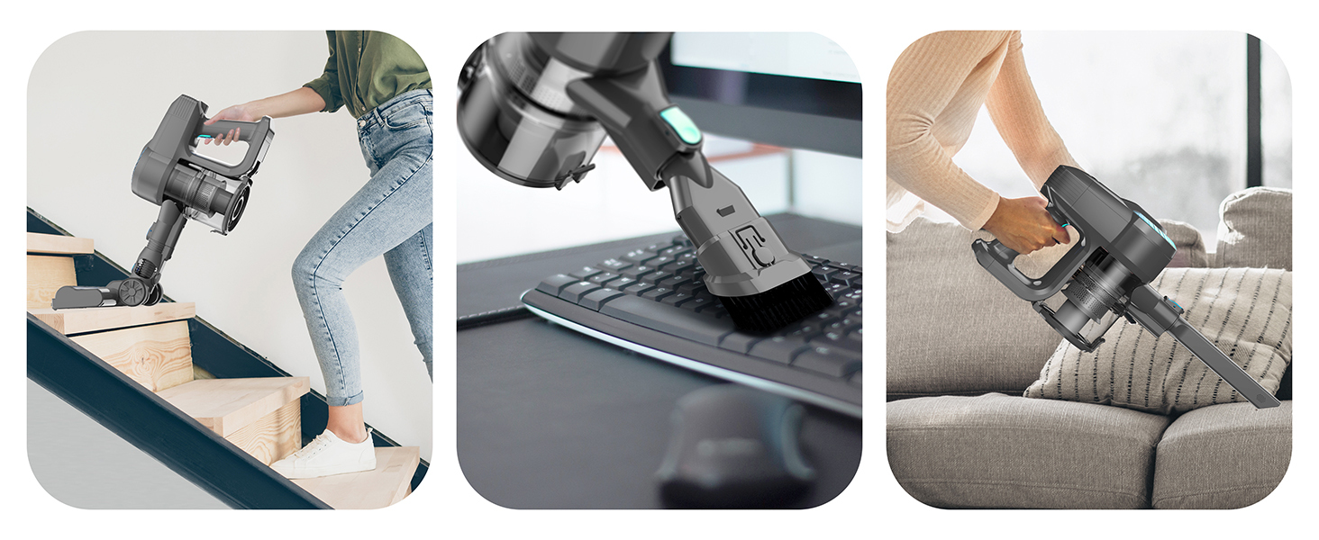 Бездротовий акумуляторний пилосос з потужністю 25000Pa, 175W, час роботи 50 хвилин. Бездротовий ручний пилосос з антизаплутувальною насадкою та самостійним паркуванням. Підходить для килимів, твердих підлог, видалення шерсті тварин. Колір: бірюзовий блакитний.