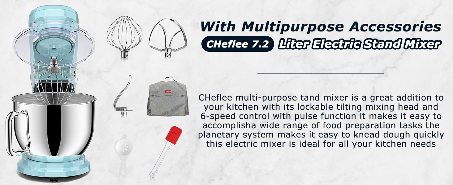 Кухонна машина Cheflee 2000W: потужна планетарна міксер для тіста та збивання, 6 швидкостей, 7.2 л чаша з нержавіючої сталі, гак для тіста та вінчик, захист від бризок (блакитна)