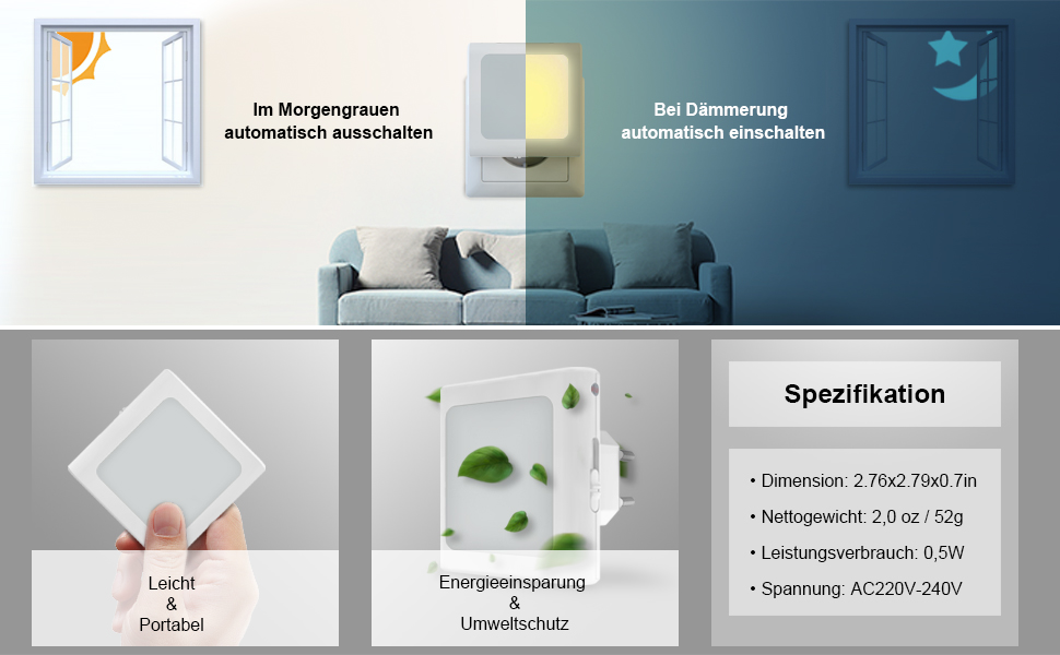 Нічник у розетку з датчиком сутінків, 【2 шт】 Регульована яскравість для дитячої кімнати, спальні, кухні, коридору, сходи, гаража, 2700K тепле біле світло