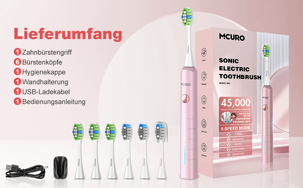 Електрична звукова зубна щітка, 5 режимів, рожева, з таймером та 6 насадками DuPont