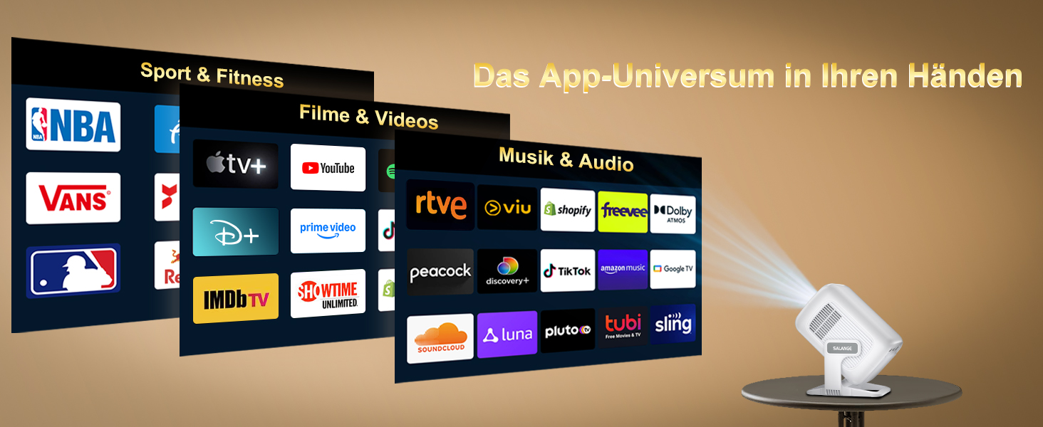 Міні проєктор Salange 4K з Wi-Fi 6, Bluetooth 5.2 та Android 11.0 для дому, смарт-проєктор з обертанням 180°, сумісний з телефоном/Xbox/ноутбуком/TV Stick/USB, білий (Sala260max)
