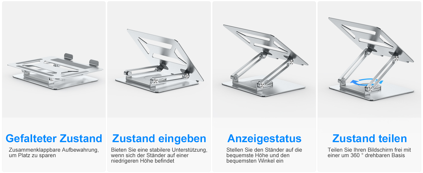 Підставка для ноутбука BoYata настільна, регульована, з поворотним основанням 360°, ергономічна, складана, сумісна з MacBook Pro/Air, до 17 дюймів - срібна