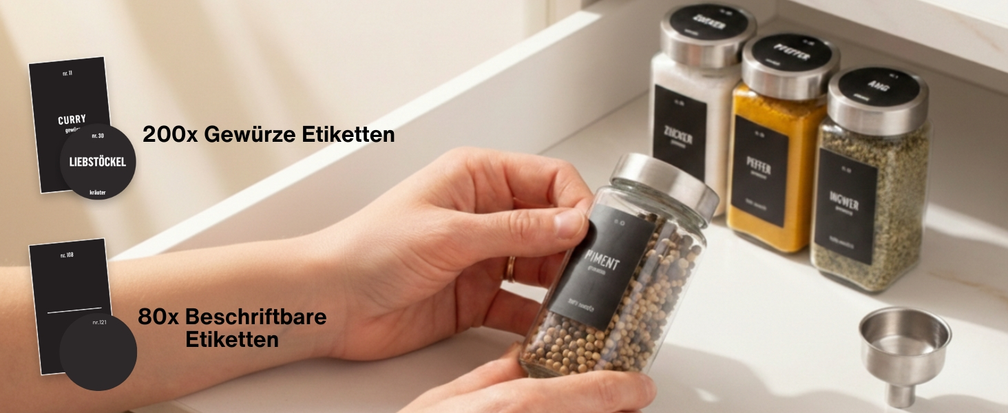 Набір скляних баночок для спецій Deco haus® 36 шт. з етикетками та дозаторами