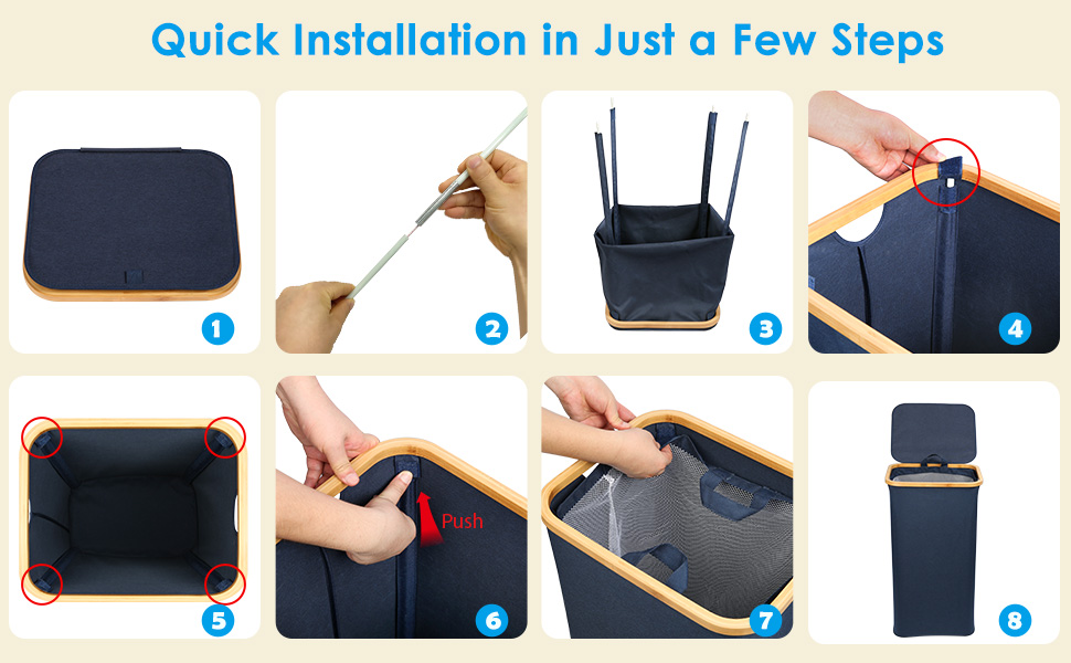 Кошик для білизни з кришкою Efluky, 100 л, блакитний, XL, з бамбуковими ручками та внутрішніми кишенями для сортування