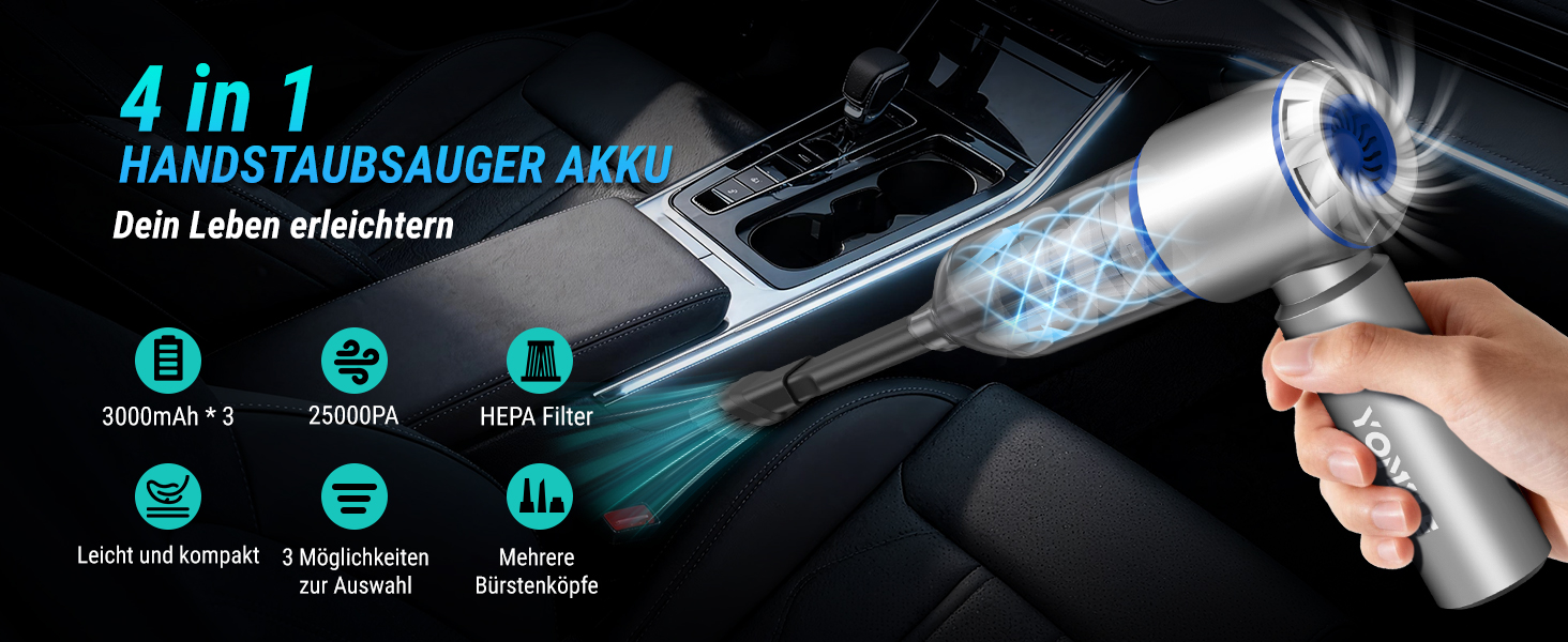 Акумуляторний ручний пилосмок Yomile 4 в 1, безщітковий двигун 25000Па, 3 рівні потужності для авто, дому, офісу та шерсті тварин