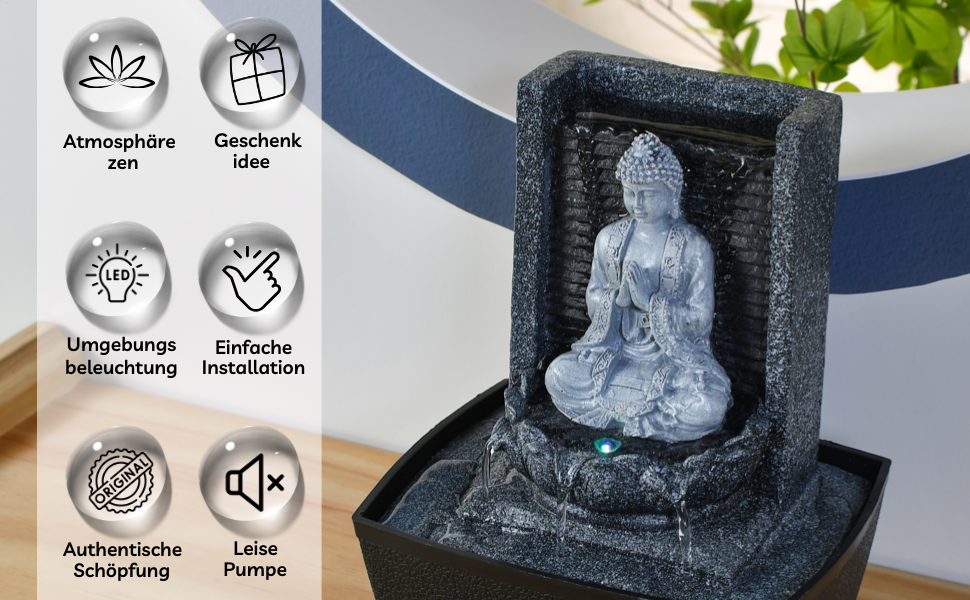 Фонтан для медитації Zen'Light Nirvana з Буддою та LED-підсвіткою. Сучасний декор для дому, Фен-Шуй, сірий, H 26 см