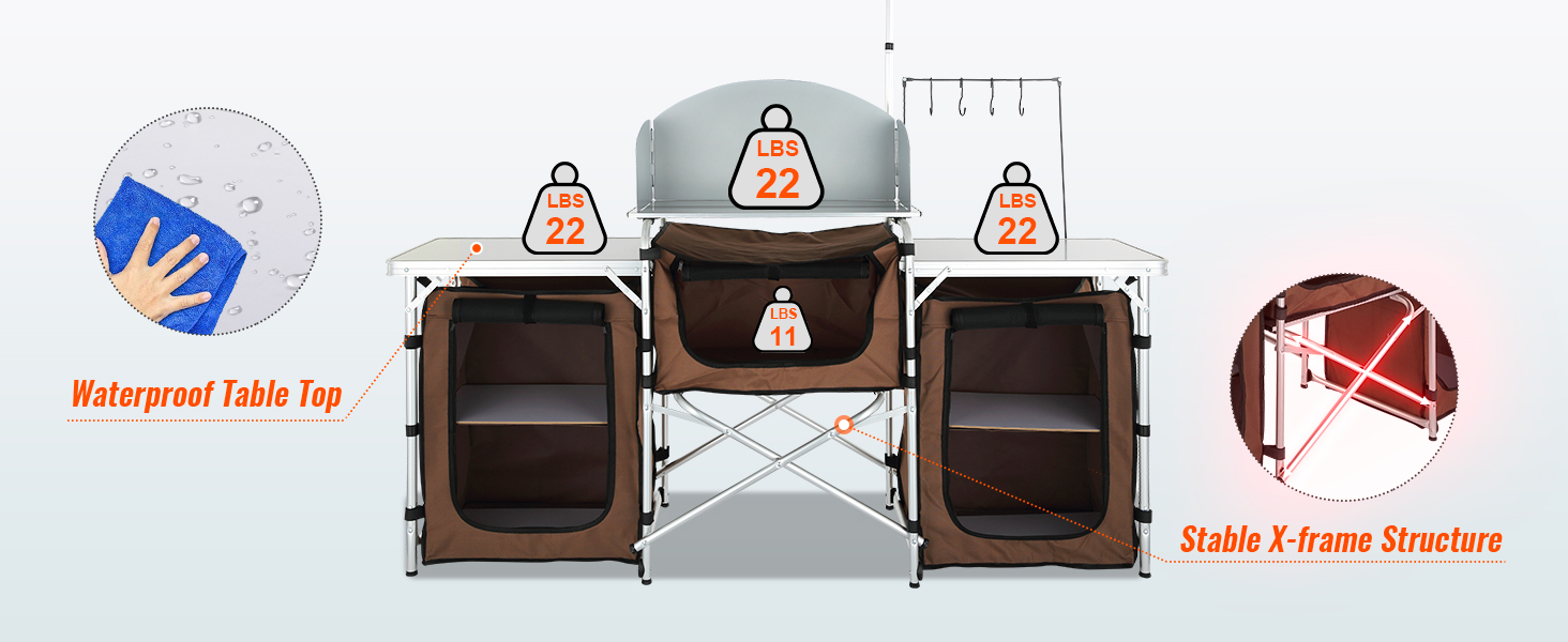 Кухонний шафка VEVOR для кемпінгу: 174 x 176 x 46 см, складаний, з ламповим стовпом та гачками, для відпочинку на природі, пікніків. Алюмінієвий каркас, кухонна коробка, кемпінговий вогонь.