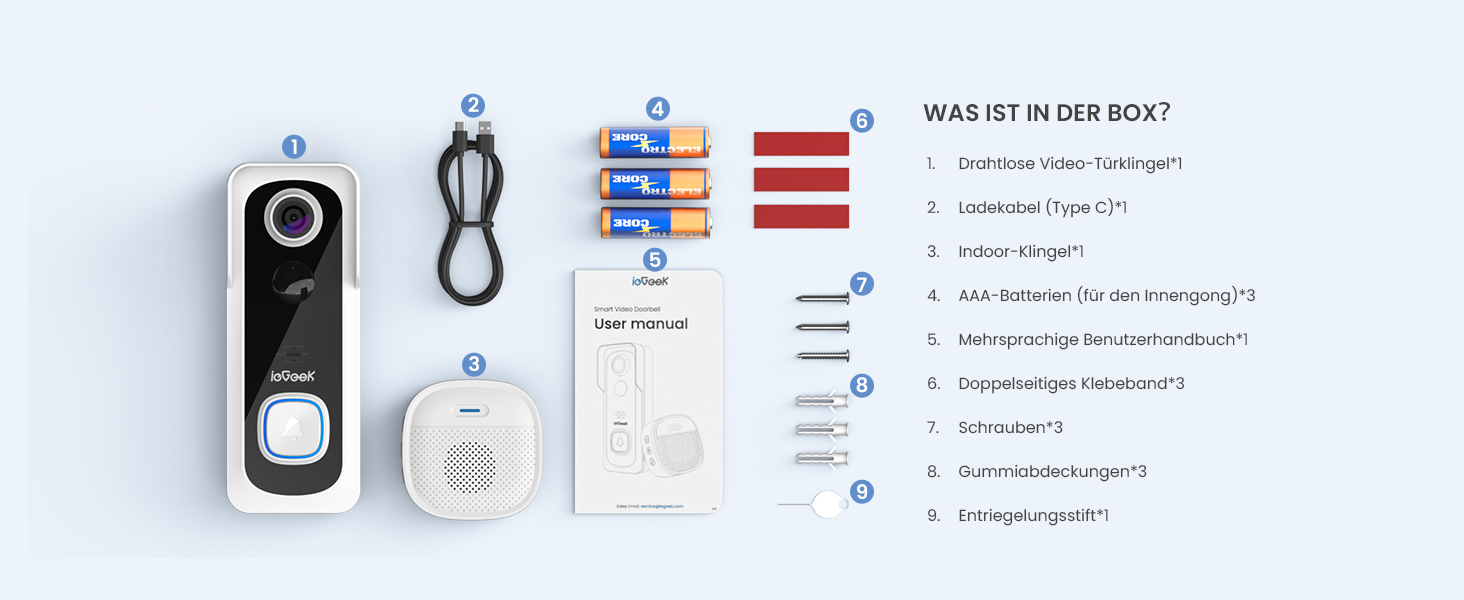 Відеодзвінок ieGeek 2K з камерою, бездротовий, IP66, AI-розпізнавання руху, нічне бачення, без підписки, сумісний з Alexa, Wi-Fi 2.4GHz, з внутрішнім дзвінком (білий)