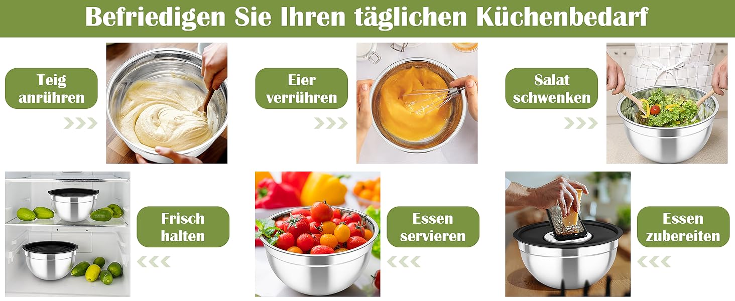 Набір салатниць TEAMFAR 6 шт. з нержавіючої сталі з кришками та силіконовими ніжками, 0,7L/1,5L/1,6L/2,5L/2,8L/4,6L, з терками, чорний