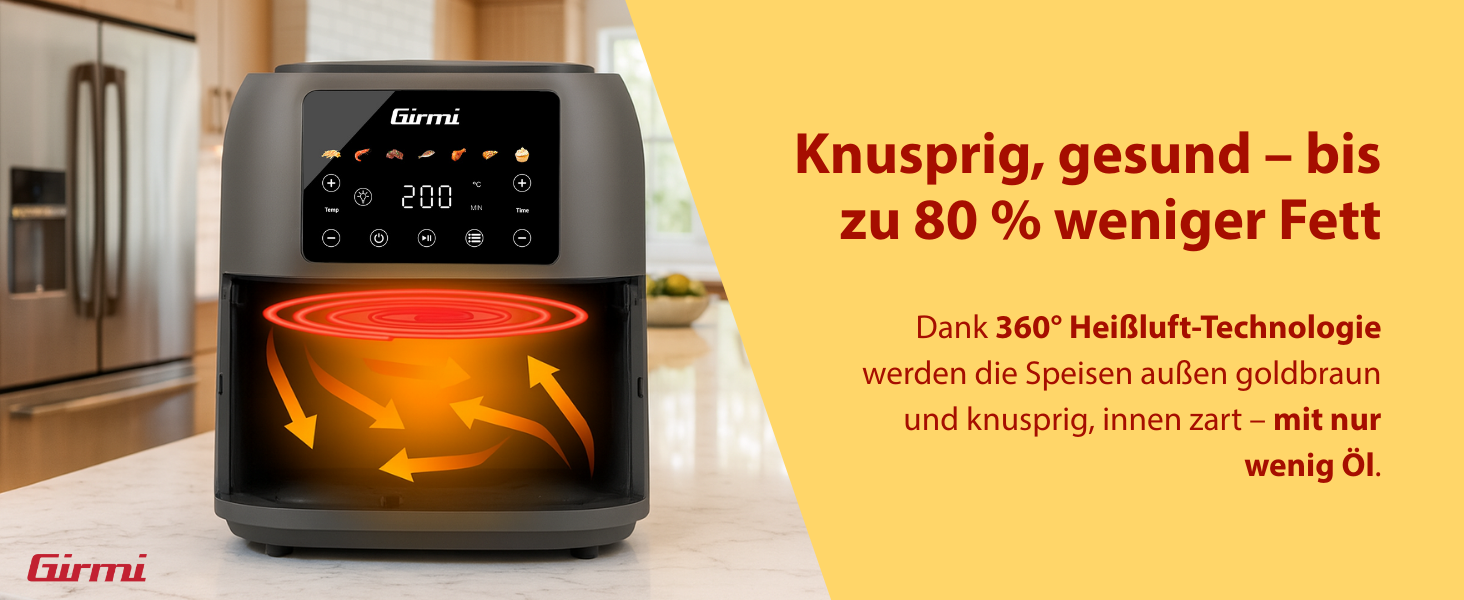 Аерофритюрниця Girmi FG92 Ecofrit Deep XXL 8л, 1700 Вт, цифрова панель керування, 7 програм, антипригарне покриття, матово-сіра