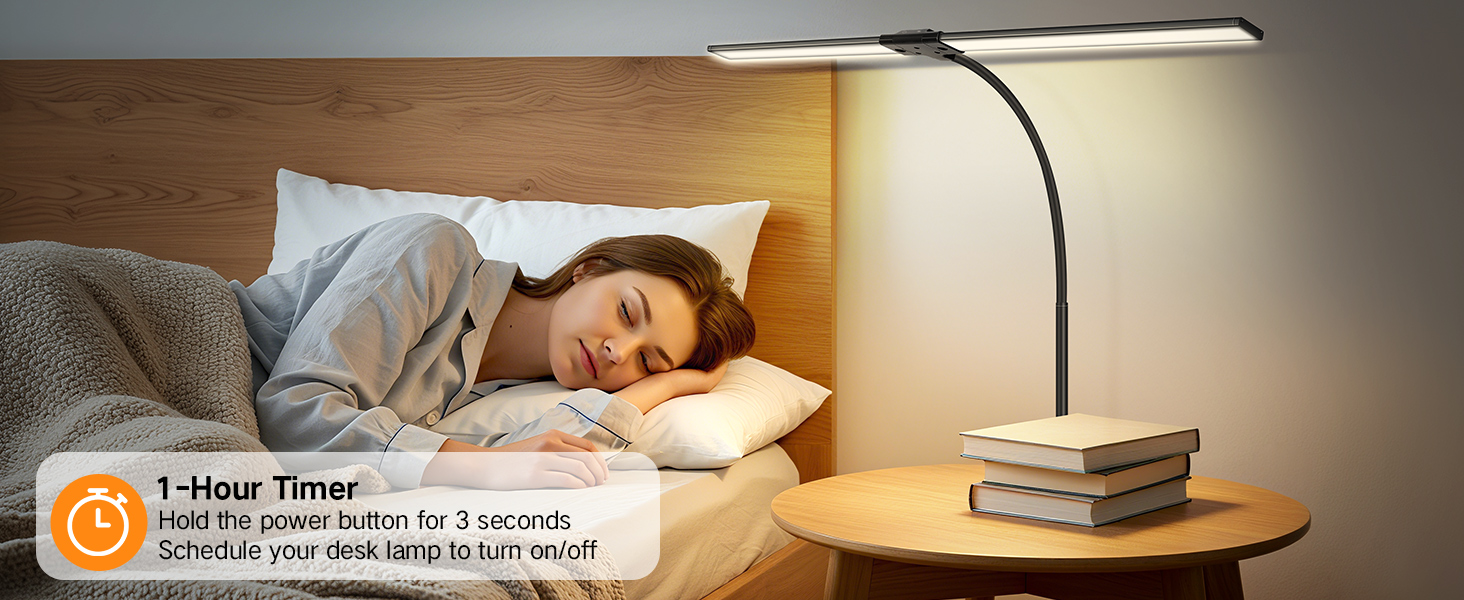 OUTON LED лампа для столу з двома головками, 85.5 см, 1600 люмен, сенсорне керування, регулювання яскравості, 5 температур кольору, таймер, пам'ять, захист очей, кріпиться за допомогою затискача, для офісу та дому, чорний