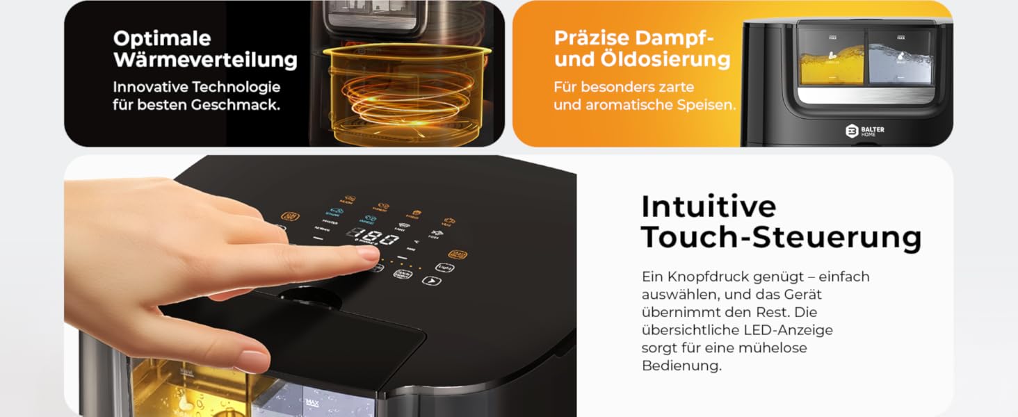 Бальтер Фритюрниця з гарячим повітрям Airfryer 5.5 л, 12 програм, з вікном, 100 рецептів, HL-551T (Чорний)