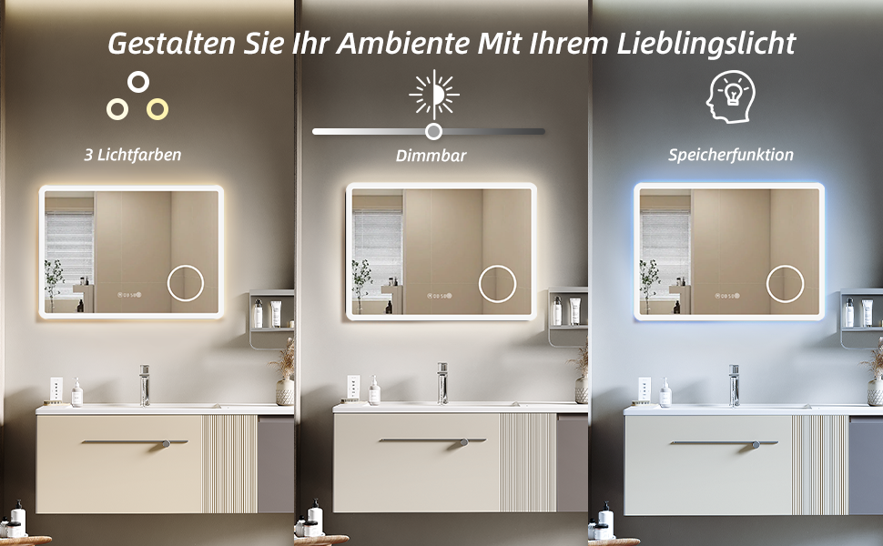 Дзеркало для ванної кімнати HySail з підсвічуванням, 5 мм, високоякісний срібний дзеркало, 3 колірні температури та регульована яскравість, настінне дзеркало з сенсорним перемикачем та антизапарюючим покриттям, прямокутне, 100 x 60 см