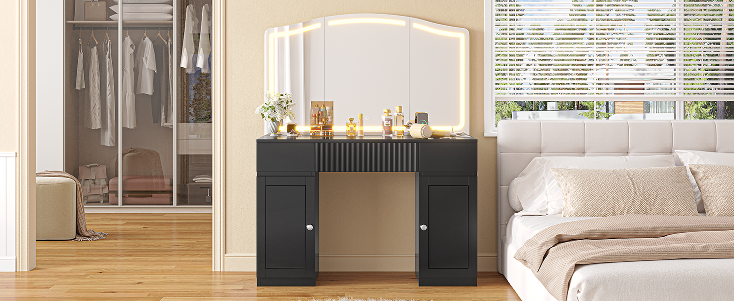 Великий туалетний столик AOGLLATI з великим дзеркалом та регульованою LED-підсвіткою. Косметичний столик з розетками, 3 висувними ящиками та 2 шафками. Сучасний туалетний столик для спальні (білий/чорний)