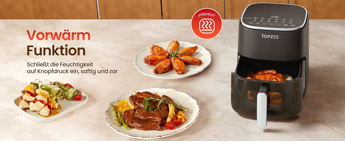 Фритюрниця без олії, 5 л, для 3-5 осіб, ідеальна для любителів м'яса, з регулюванням температури та таймером 24 год, тиха, з антипригарним кошиком та крихкою платформою, зелено-чорна