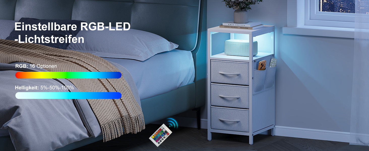 Нічний столик з підзарядкою та LED-підсвіткою, білий, 25x30x60 см, з 3 висувними ящиками, полицею та USB/Type-C портами