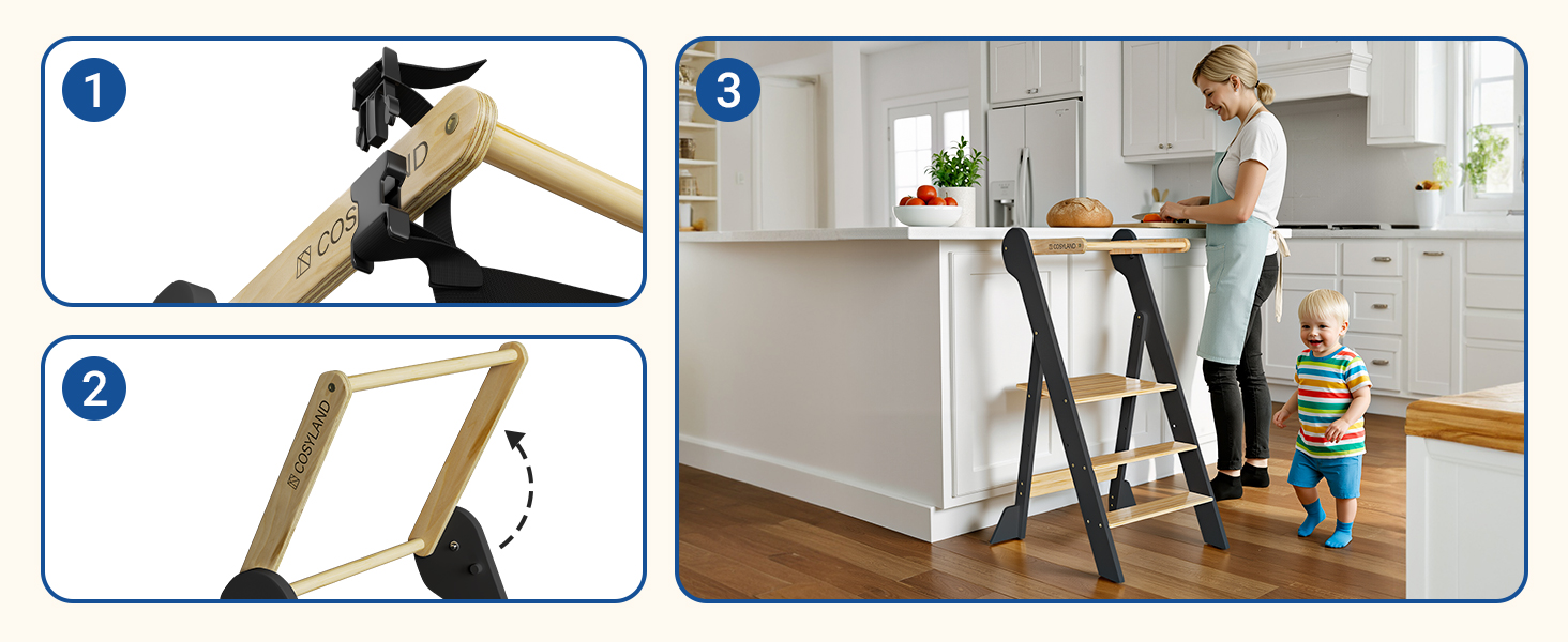 COSYLAND Монтессорі навчальний столик-сходинка для дітей від 1 року, регульована висота, складаний | Навчальний столик-сходинка для кухні | Темно-сірий-натуральний | COSYLAND
