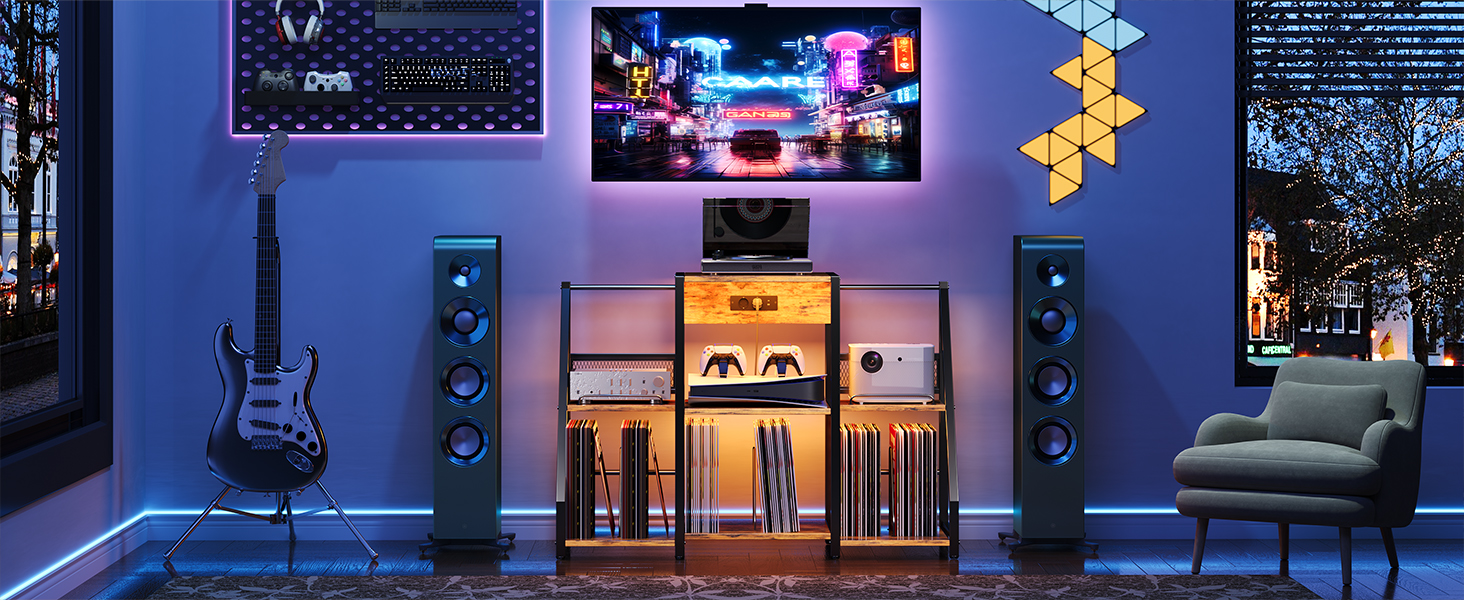 Підставка для програвача вінтаж велика з розеткою та LED-підсвіткою, тримач для платів, полиця для вінілу на 300 альбомів, для вітальні, спальні