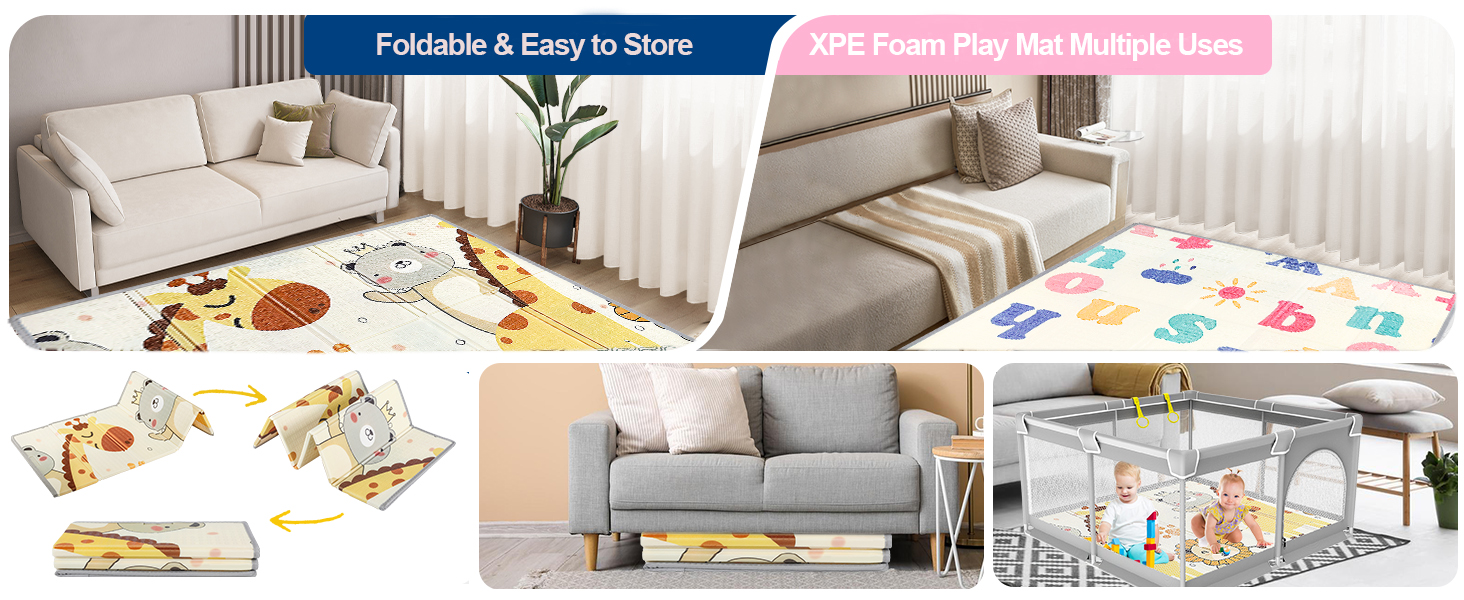 Ляльковий загін для малюків 120x120 см з ігровим килимком, дитячий портативний загін з м'яким килимком, дитячий загін з сіткою та присосками 120x120 см з матрацом